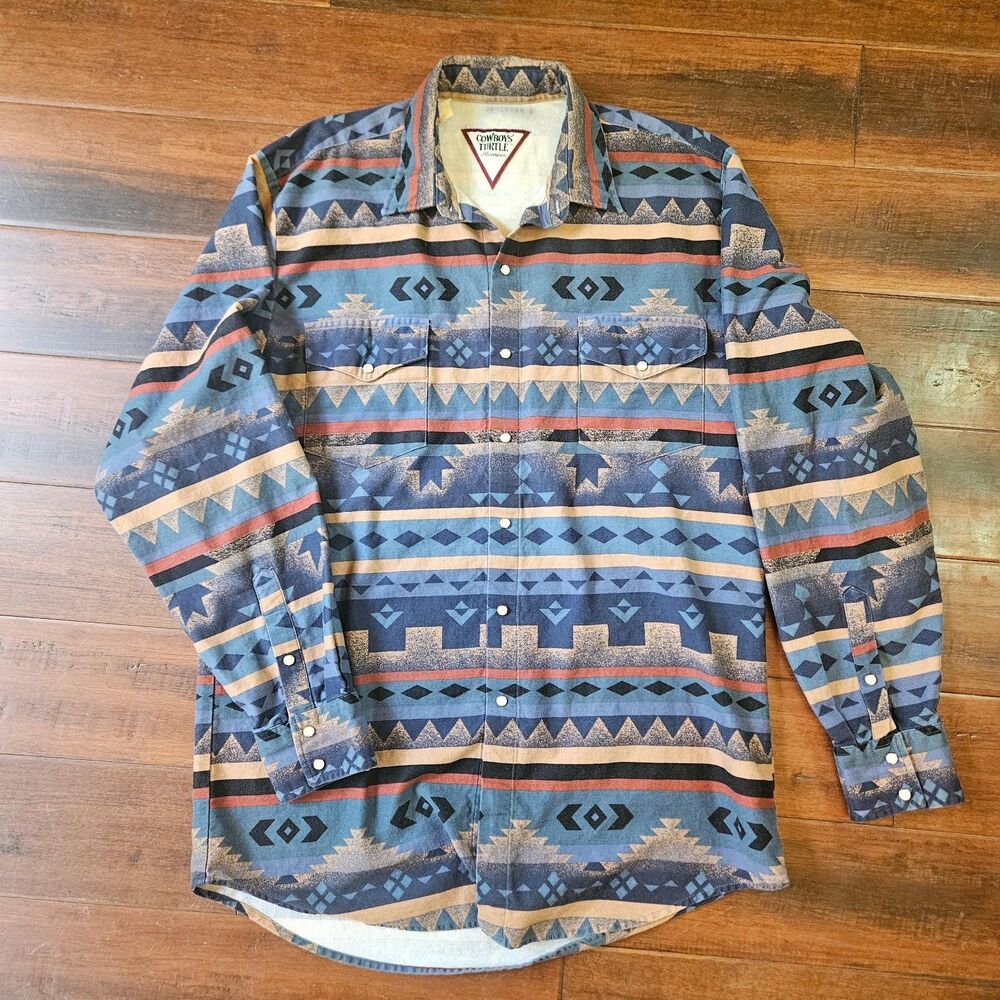 VTG Southwestern Aztec Pearl Snap Western Cowboy Shirt Rodeo Men XL